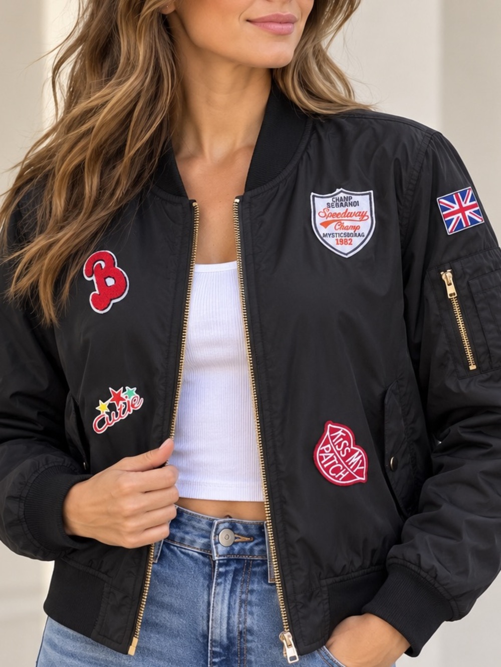 Ci Sono Originals Black Patch Bomber Jacket Women’s L Varsity Moto